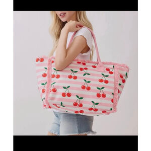 Cherry 🍒 Striped Large Fringe Tote Pink & Red NWT